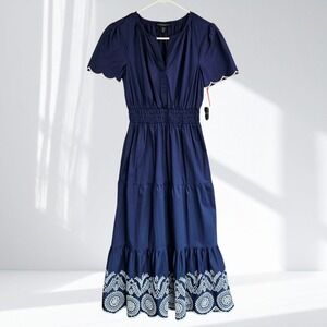 Cynthia Rowley Coastal Cowgirl Midi Dress XS Scallop Embroidered Eyelet POCKETS!